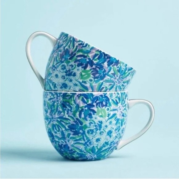 Lilly Pulitzer Ceramic Mugs Set of 2 Blue Floral Paisley Gold Handles 12oz NEW - Picture 15 of 16